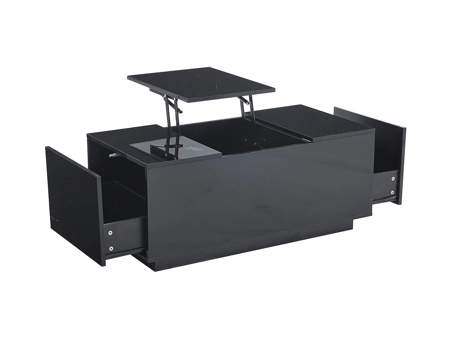 Table basse avec plateau relevable 95x48x40cm avec 2 tiroirs, LED, corps en noir laqué