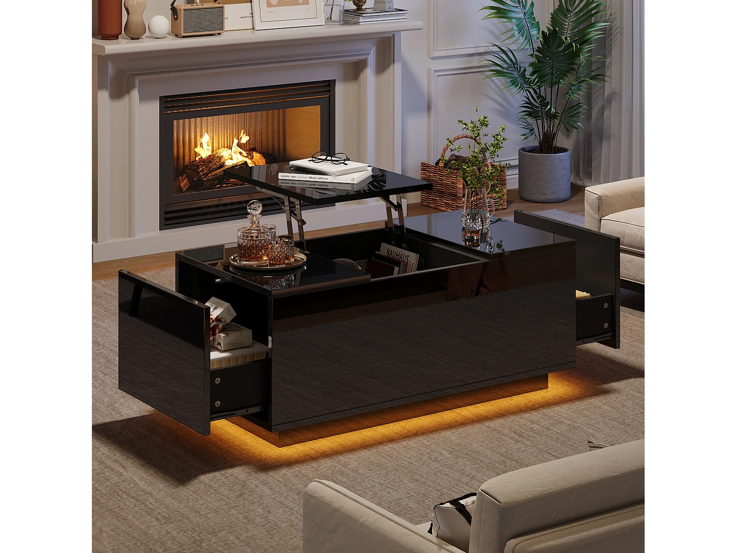 Mesa de centro com tampo elevatório 95x48x40cm com 2 gavetas, LED, corpo em lacado preto