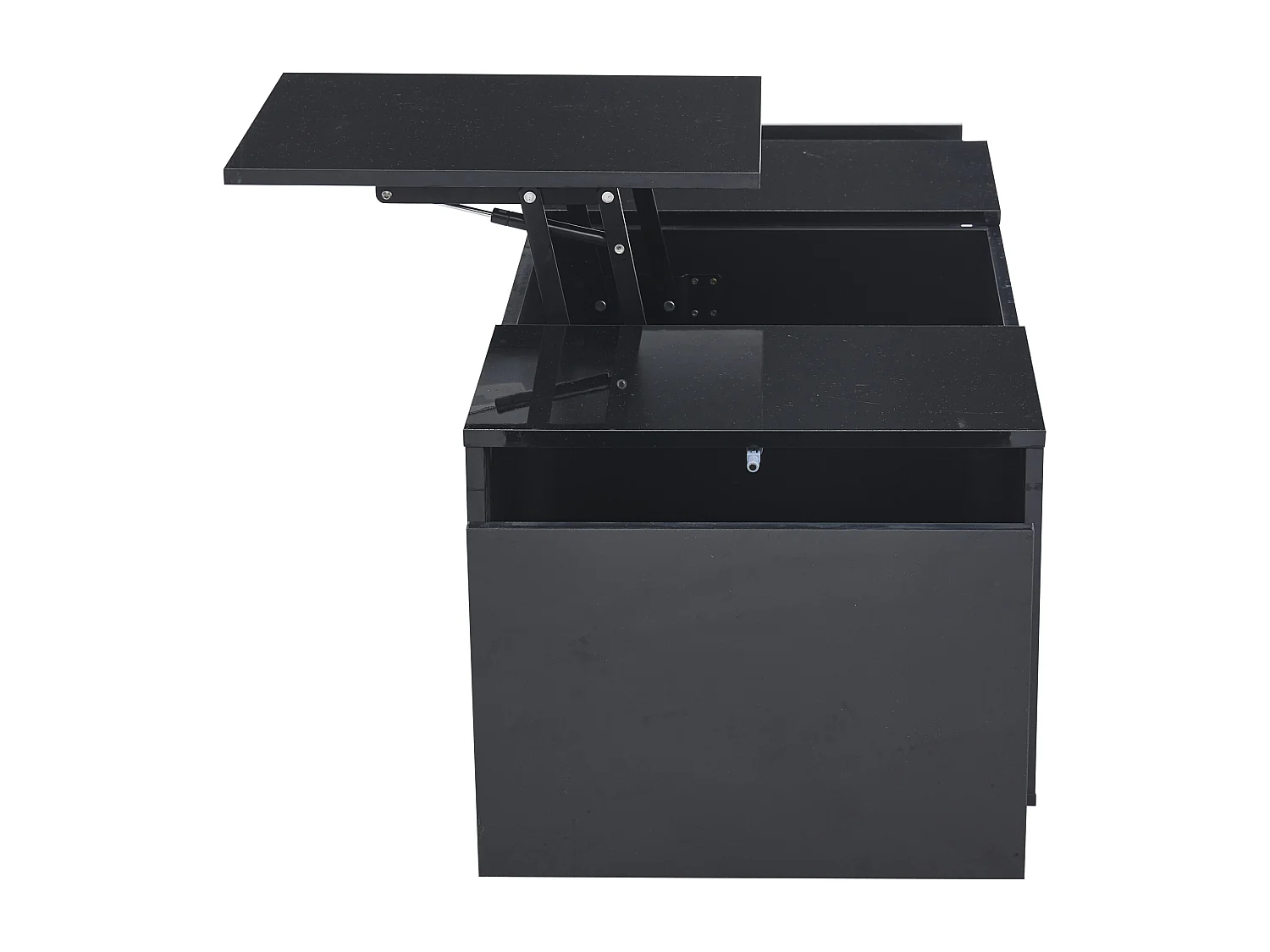 Mesa de centro com tampo elevatório 95x48x40cm com 2 gavetas, LED, corpo em lacado preto