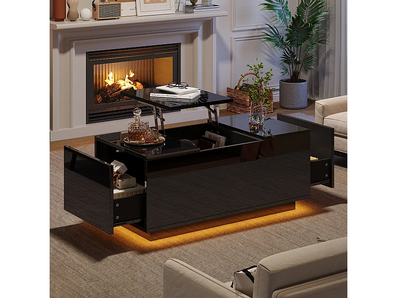 Mesa de centro com tampo elevatório 95x48x40cm com 2 gavetas, LED, corpo em lacado preto