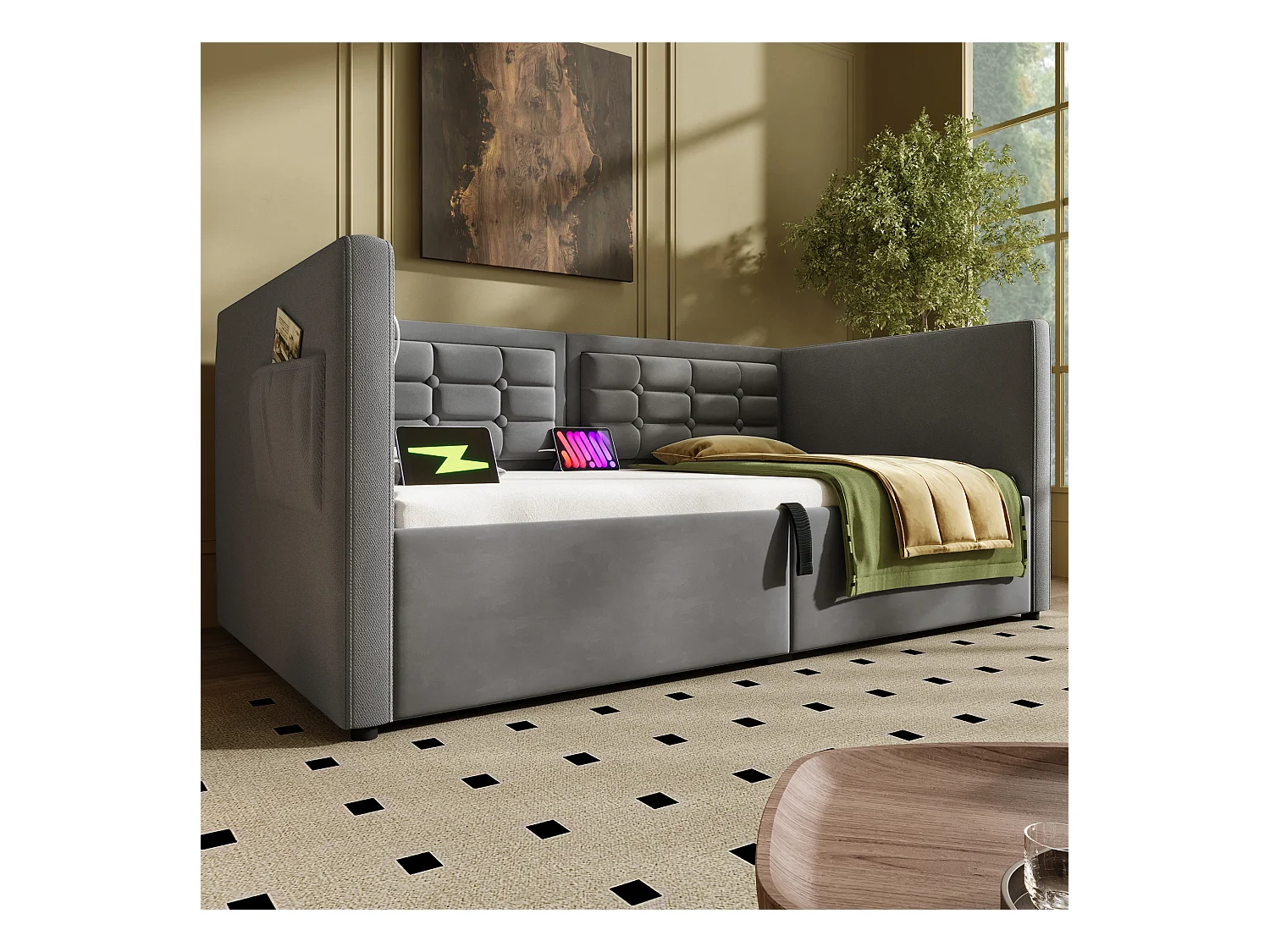 Lit coffre banquette 90x200cm, lit enfant avec USB type-C, tissu en velours gris, sommier à lattes, sans matelas