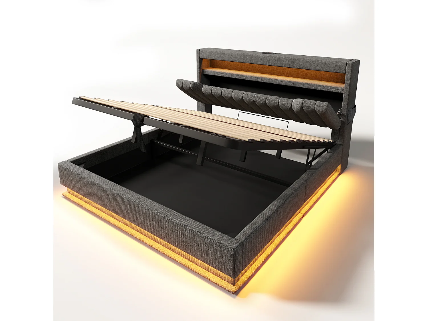 Cama de armazenamento para adultos 180x200 cm com LED, USB tipo C e cabeceira de armazenamento, tecido de linho cinza, estrado de ripas, sem colchão