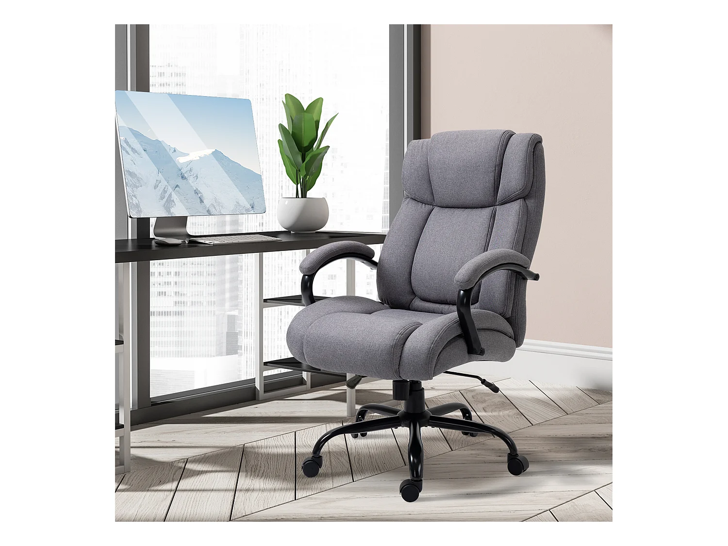 Fauteuil de Bureau 360°Pivotant à roulettes avec Dossier Réglable, tissu en lin gris