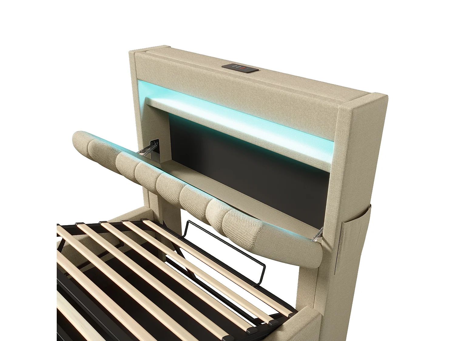 Letto contenitore per bambini 90x200cm con LED, USB tipo C e testiera contenitore, tessuto lino beige, rete a doghe, senza materasso