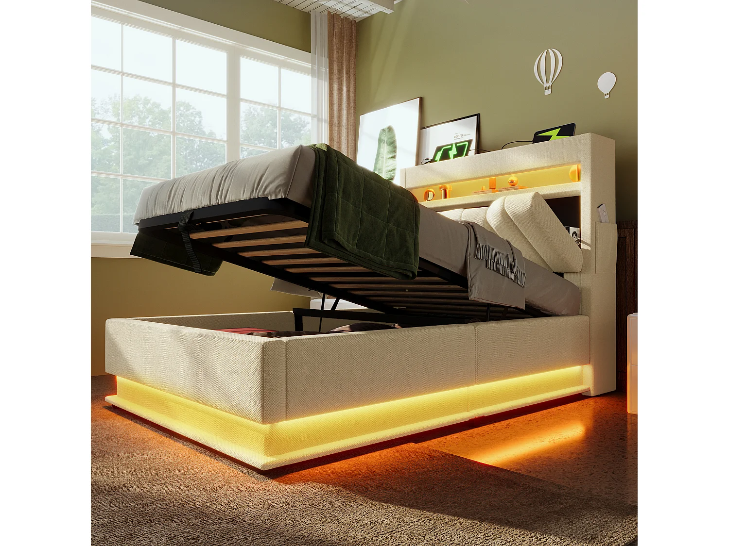 Lit coffre enfant 90x200cm avec LED, USB type-C et tête de lit de rangement, Tissu en lin beige, sommier à lattes, sans matelas