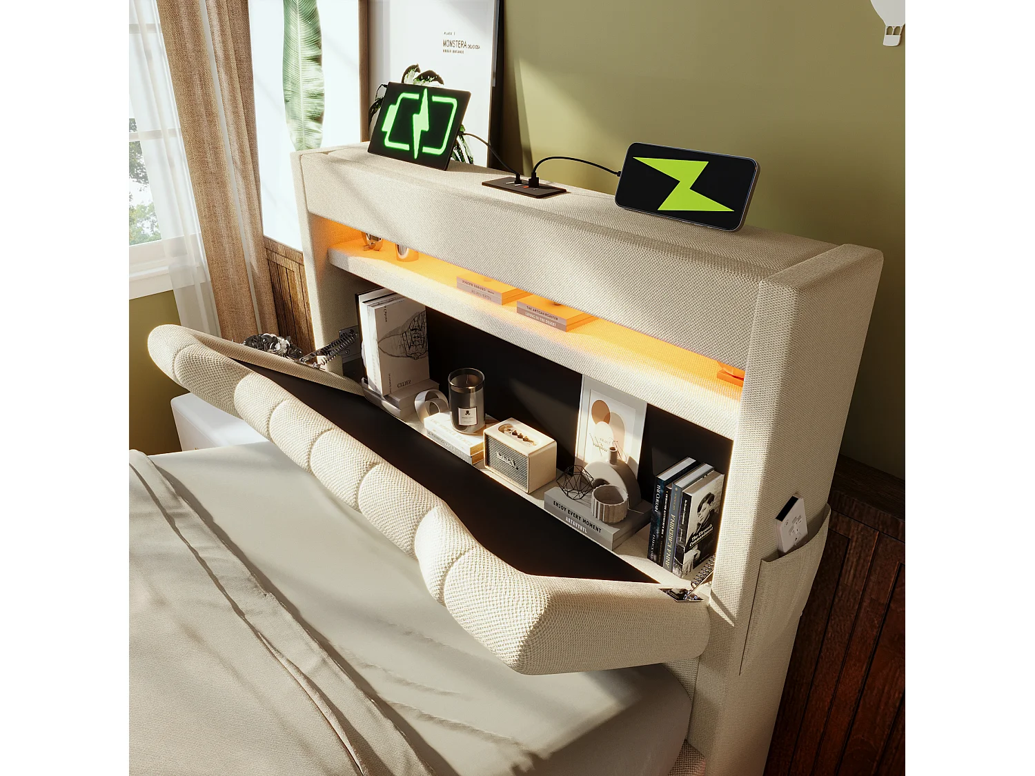 Lit coffre enfant 90x200cm avec LED, USB type-C et tête de lit de rangement, Tissu en lin beige, sommier à lattes, sans matelas