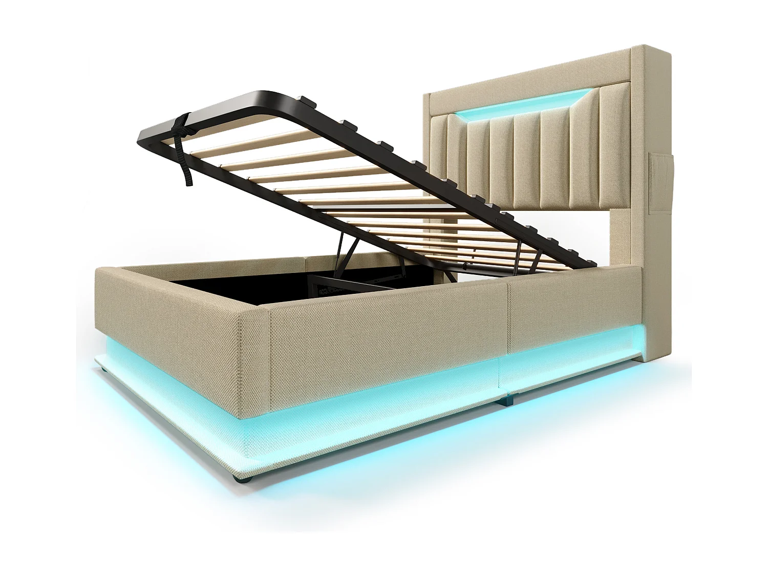 Lit coffre enfant 90x200cm avec LED, USB type-C et tête de lit de rangement, Tissu en lin beige, sommier à lattes, sans matelas