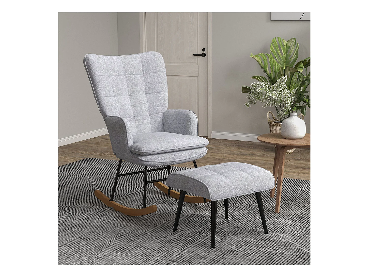 Fauteuil à bascule, rocking chair avec tabouret en lin gris clair, cadre en acier et pieds en bois