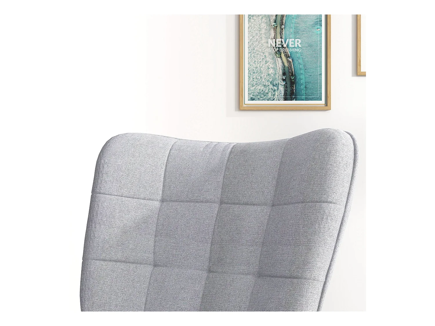 Fauteuil à bascule, rocking chair avec tabouret en lin gris clair, cadre en acier et pieds en bois