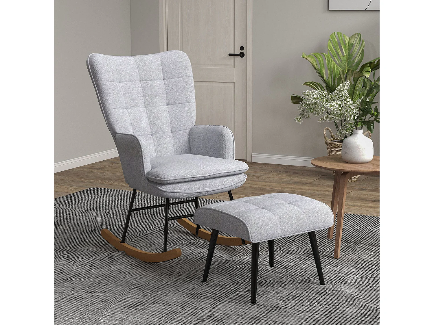 Fauteuil à bascule, rocking chair avec tabouret en lin gris clair, cadre en acier et pieds en bois