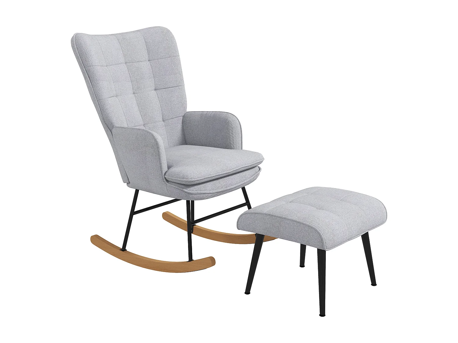 Fauteuil à bascule, rocking chair avec tabouret en lin gris clair, cadre en acier et pieds en bois