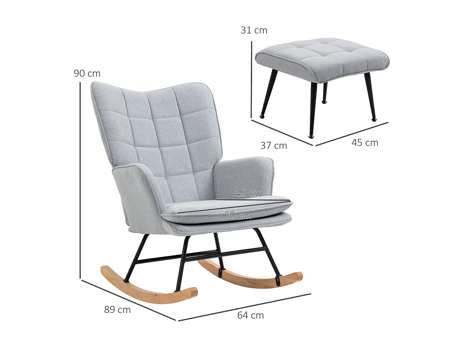 Fauteuil à bascule, rocking chair avec tabouret en lin gris clair, cadre en acier et pieds en bois