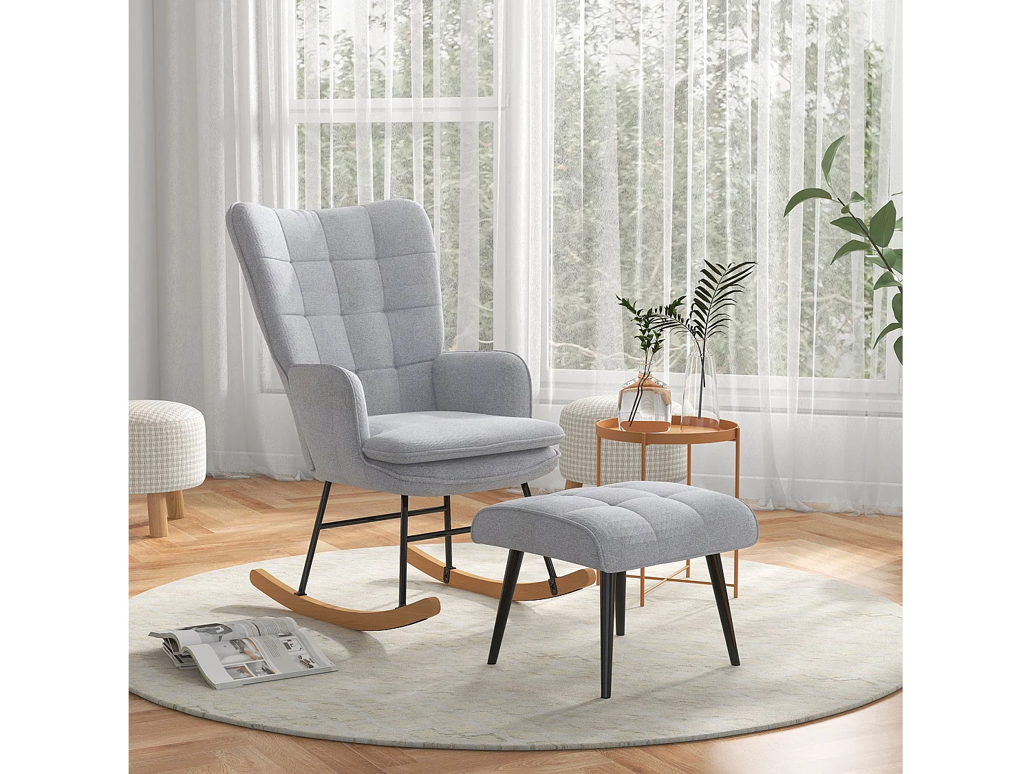 Fauteuil à bascule, rocking chair avec tabouret en lin gris clair, cadre en acier et pieds en bois