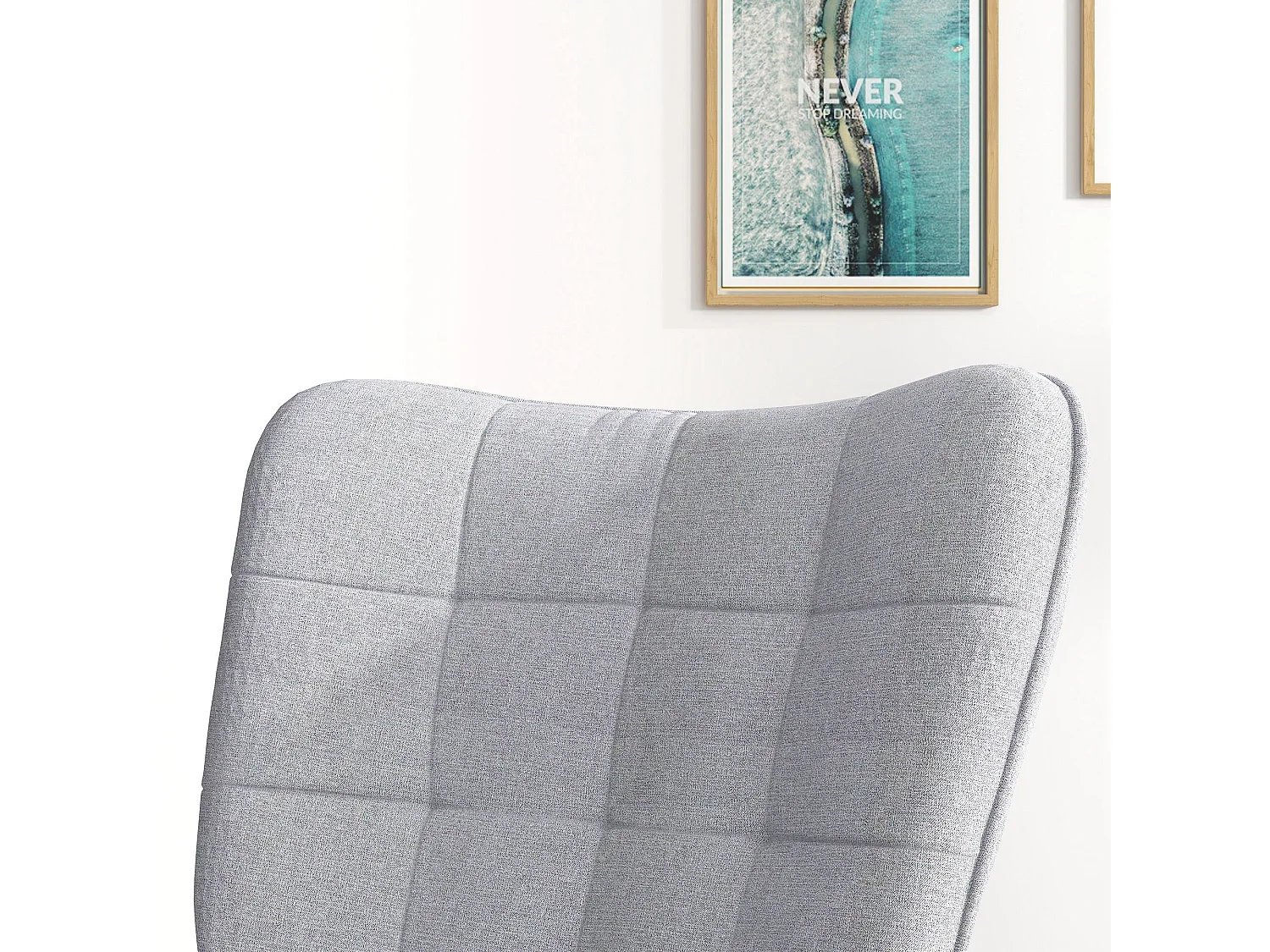 Fauteuil à bascule, rocking chair avec tabouret en lin gris clair, cadre en acier et pieds en bois