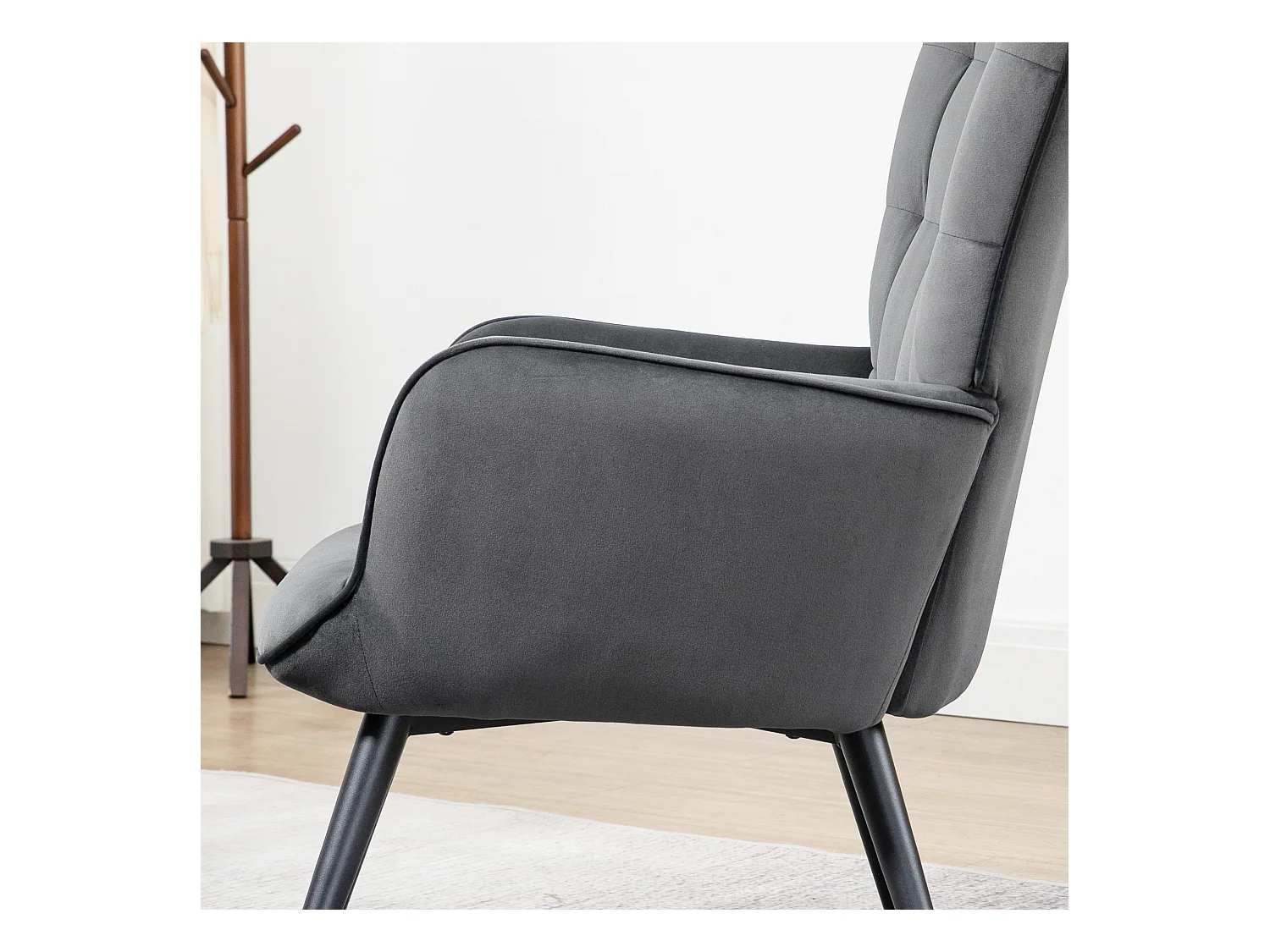 Fauteuil avec tabouret en velours gris foncé, pieds en métal noir