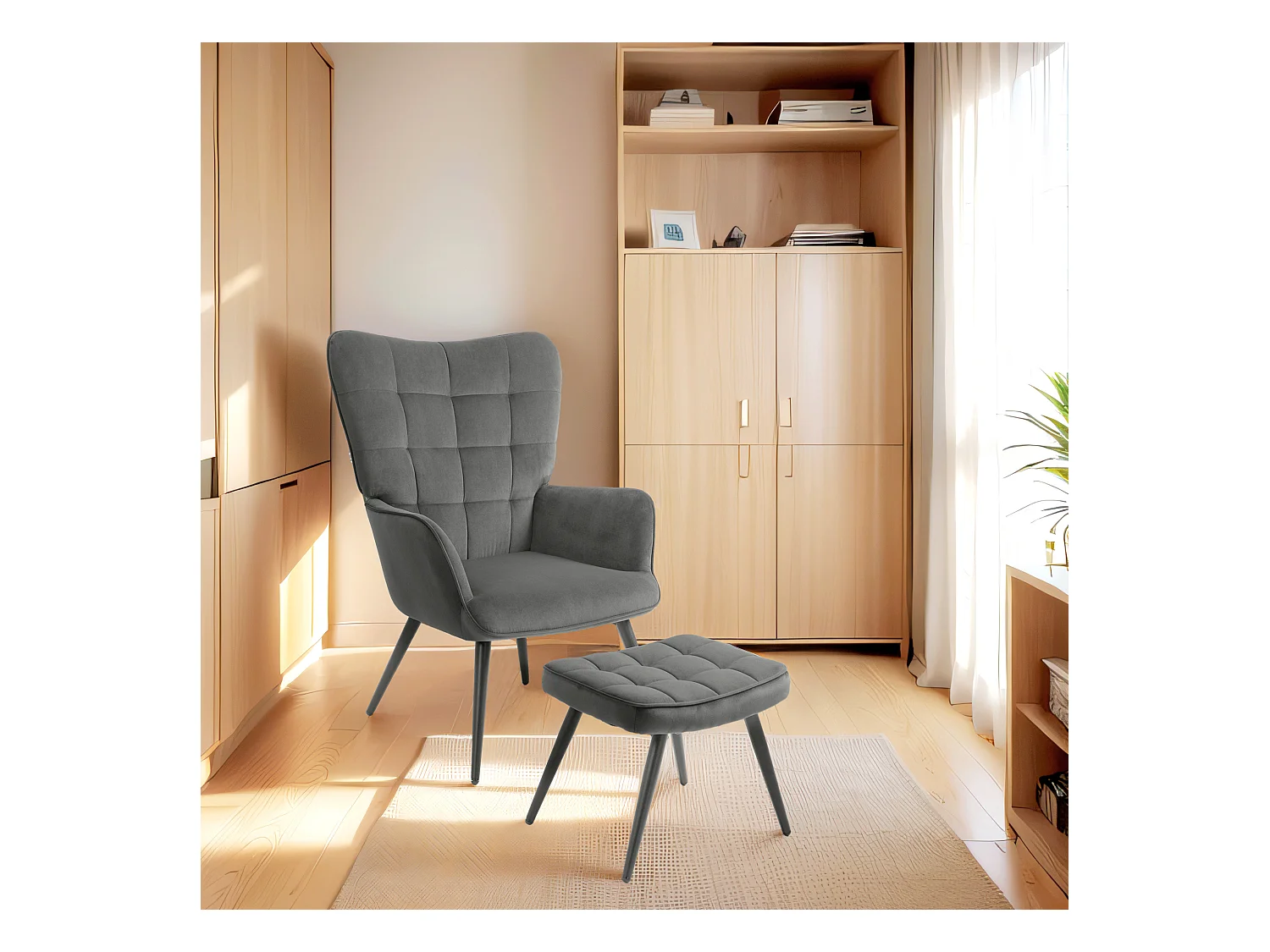 Fauteuil avec tabouret en velours gris foncé, pieds en métal noir