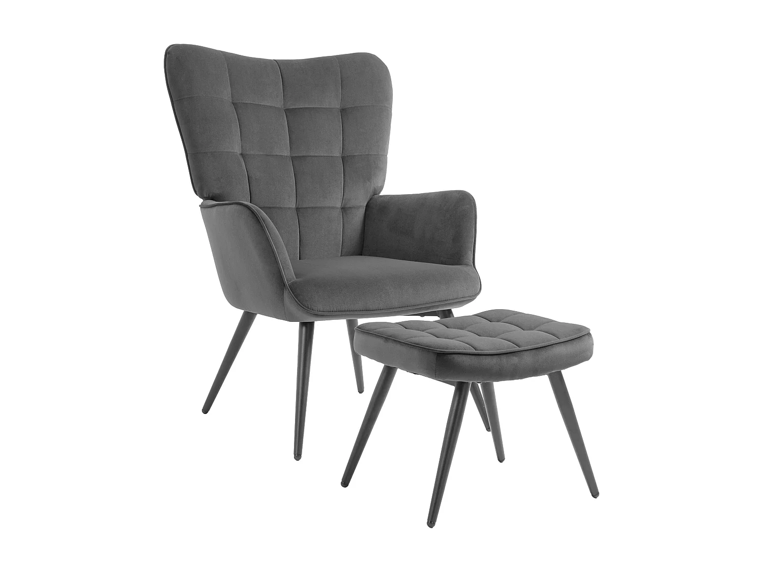 Fauteuil avec tabouret en velours gris foncé, pieds en métal noir