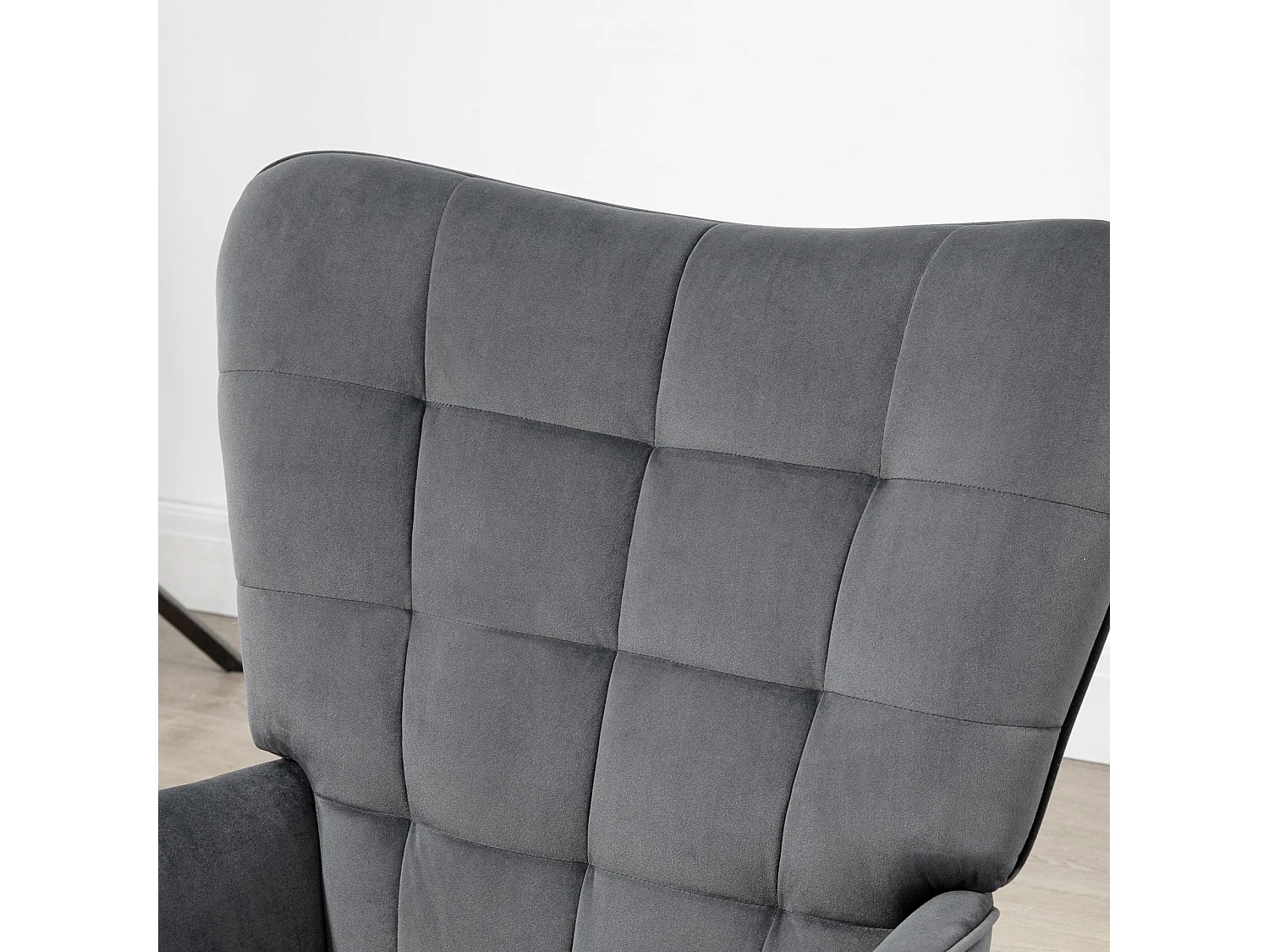 Fauteuil avec tabouret en velours gris foncé, pieds en métal noir