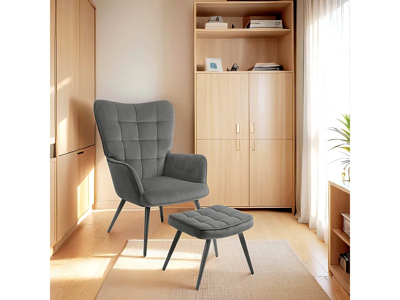 Poltrona con sgabello in velluto grigio scuro, gambe in metallo nero