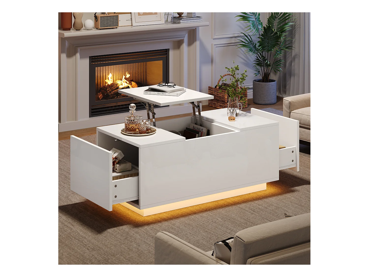 Salontafel met hefbaar bovenblad 95x48x40cm met 2 lades, LED, onderstel in wit gelakt