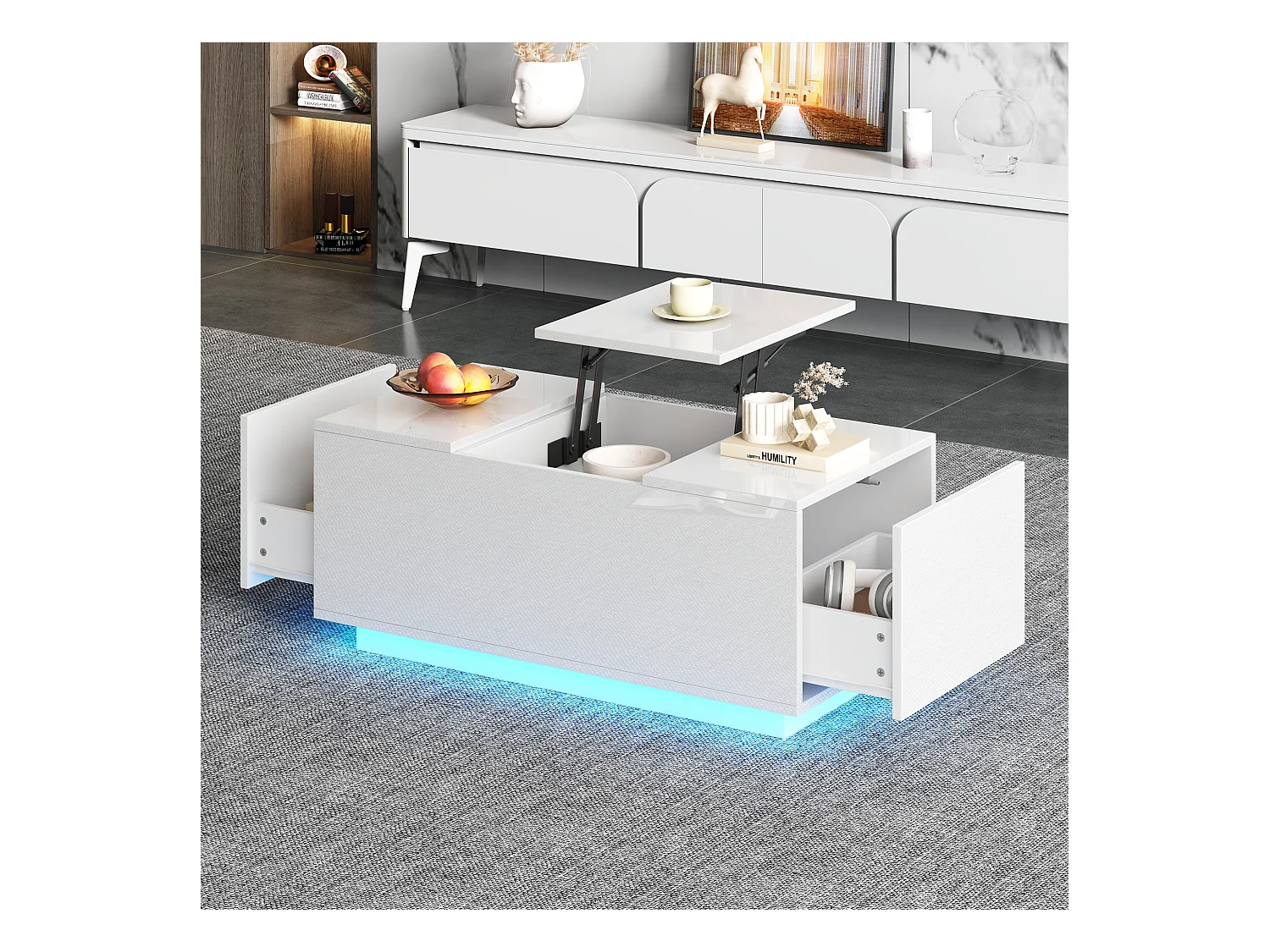 Salontafel met hefbaar bovenblad 95x48x40cm met 2 lades, LED, onderstel in wit gelakt