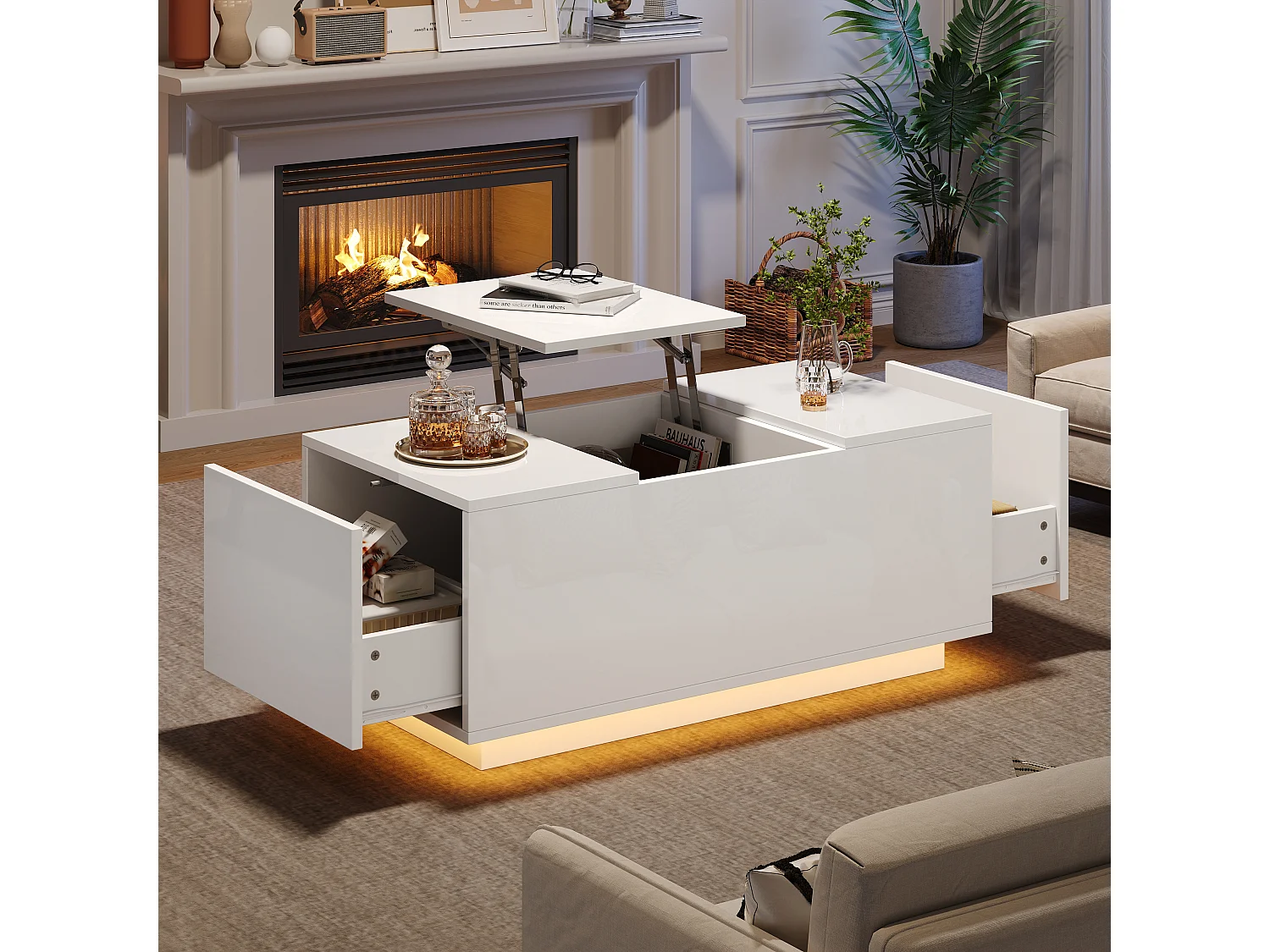 Table basse avec plateau relevable 95x48x40cm avec 2 tiroirs, LED, corps en blanc laqué