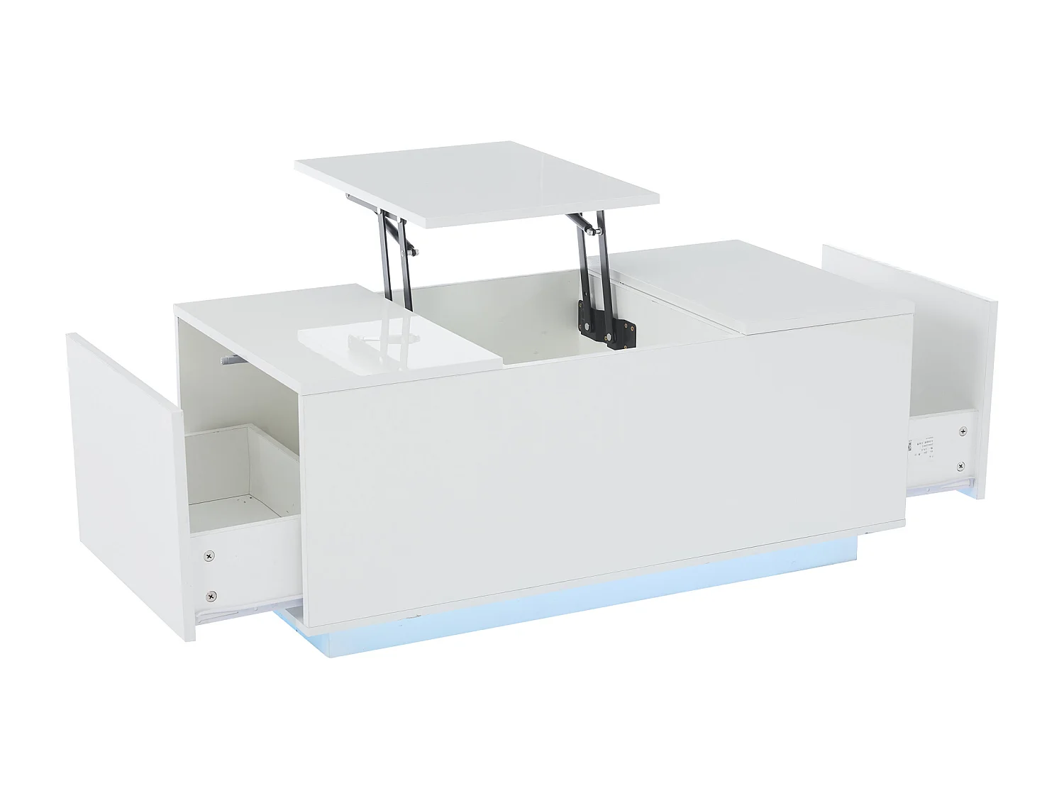 Table basse avec plateau relevable 95x48x40cm avec 2 tiroirs, LED, corps en blanc laqué