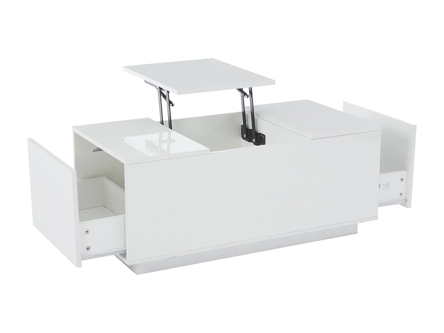 Table basse avec plateau relevable 95x48x40cm avec 2 tiroirs, LED, corps en blanc laqué