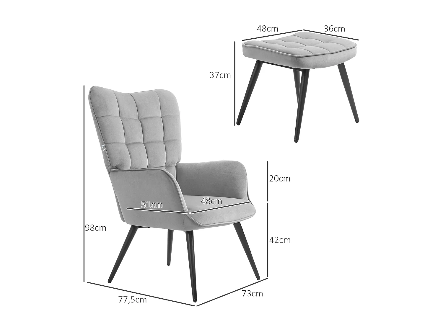 Fauteuil avec tabouret en velours gris clair, pieds en métal noir