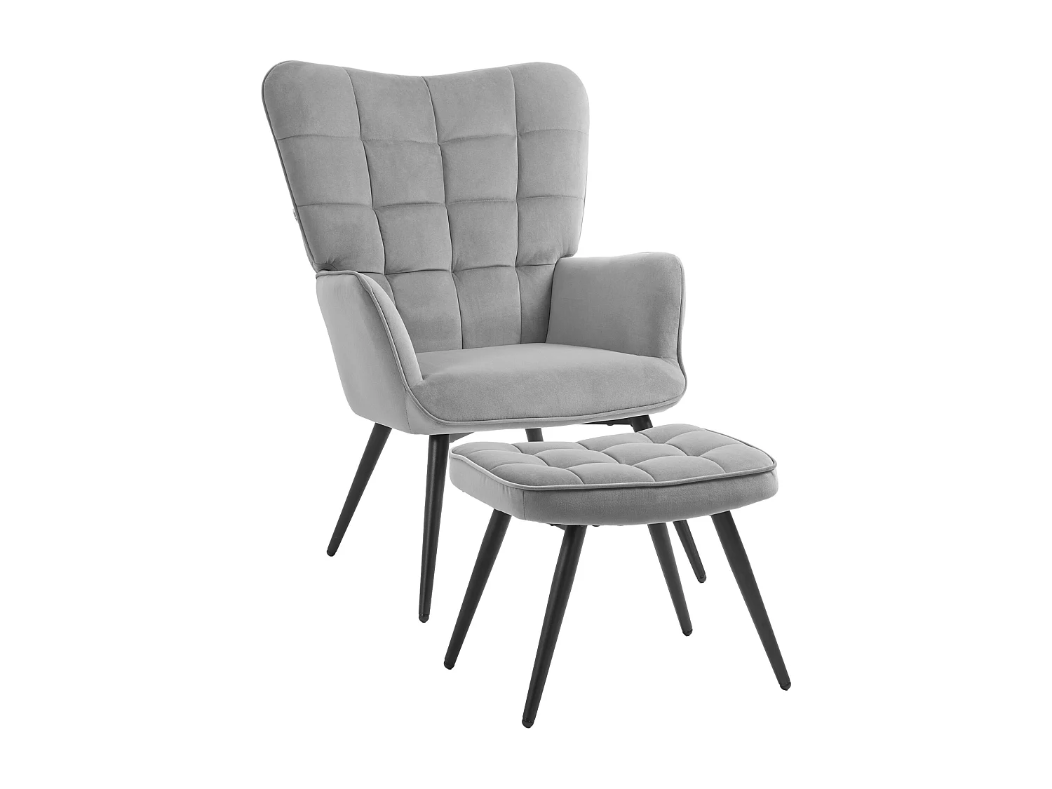 Poltrona con sgabello in velluto grigio chiaro, gambe in metallo nero