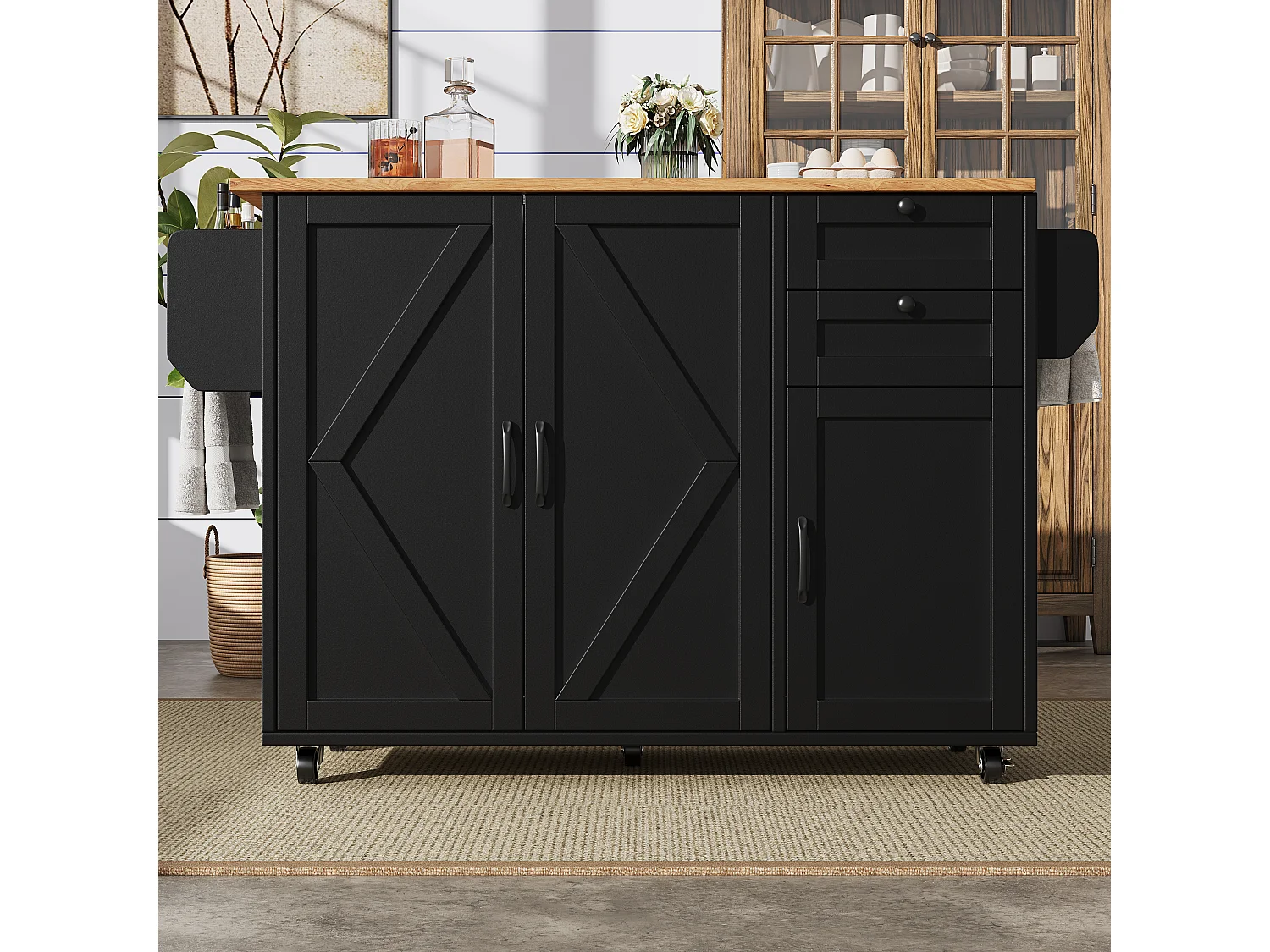 Desserte de cuisine à roulettes 120x71.2x92cm avec plateau extensible en placage bois, 3 portes et 2 tiroirs, noir