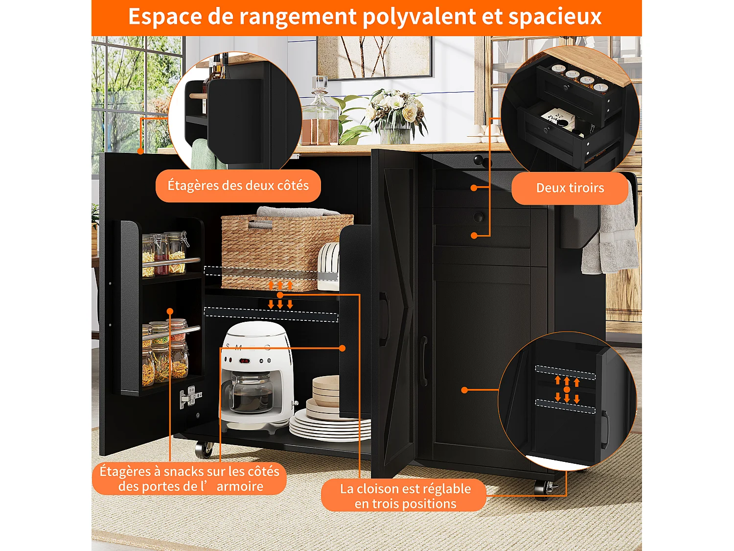 Desserte de cuisine à roulettes 120x71.2x92cm avec plateau extensible en placage bois, 3 portes et 2 tiroirs, noir