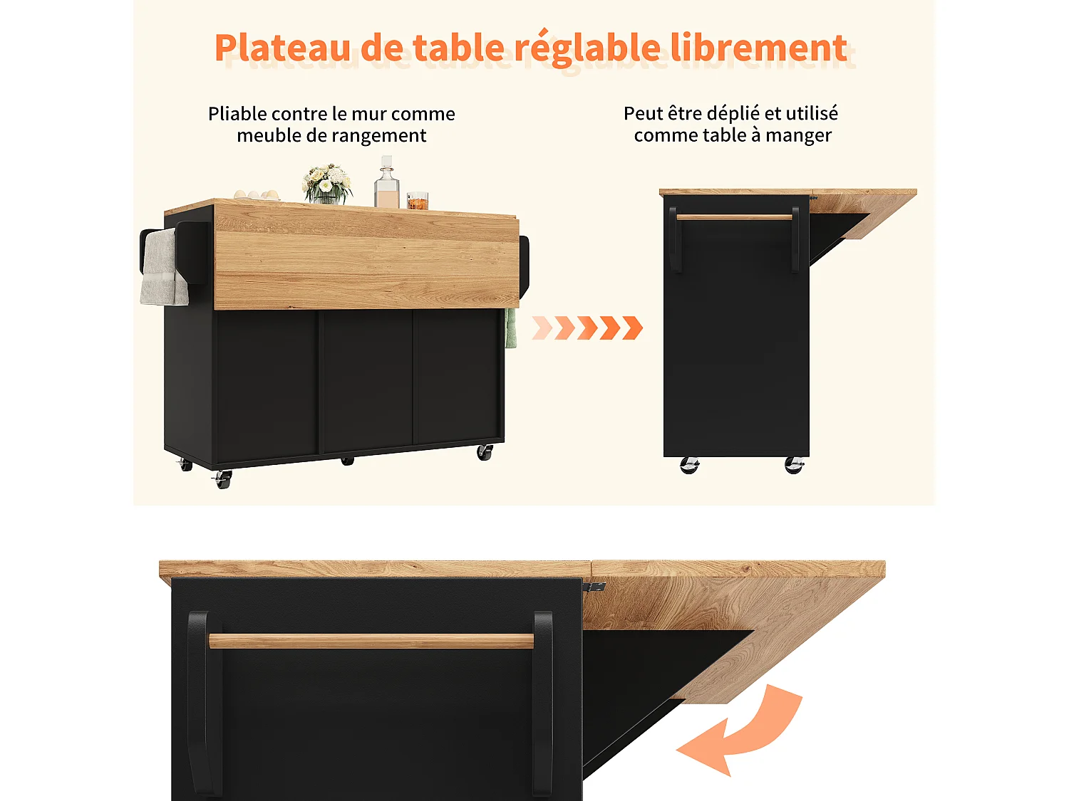 Desserte de cuisine à roulettes 120x71.2x92cm avec plateau extensible en placage bois, 3 portes et 2 tiroirs, noir