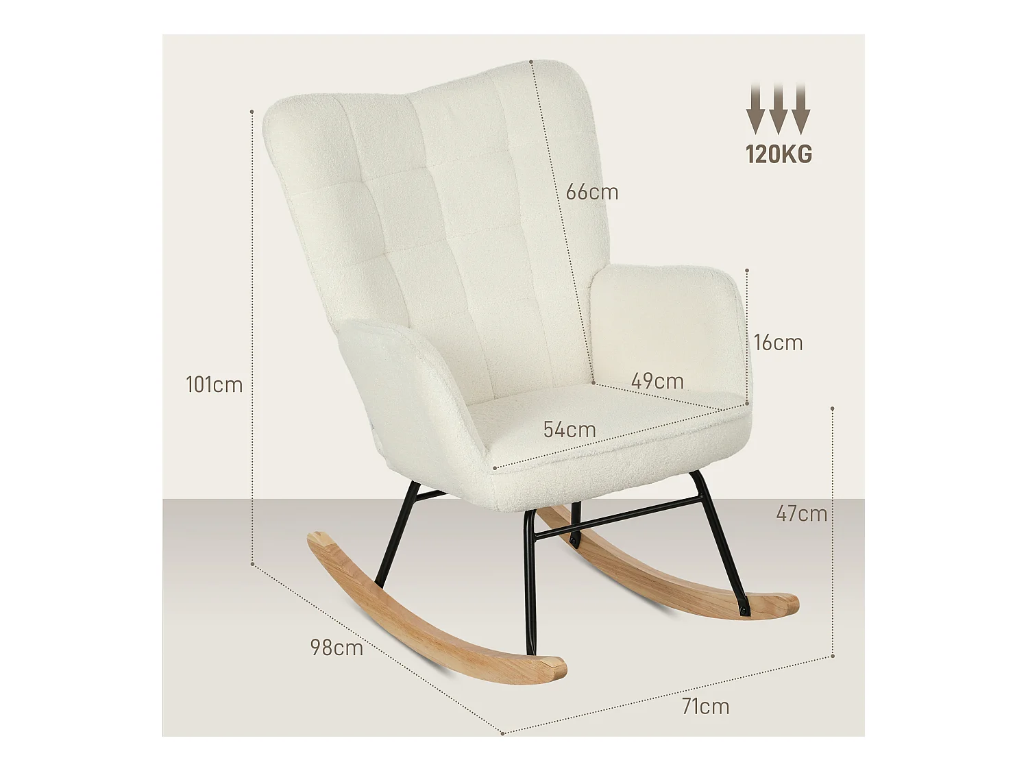Fauteuil à bascule, rocking chair chiné, cadre en acier et pieds en bois, blanc