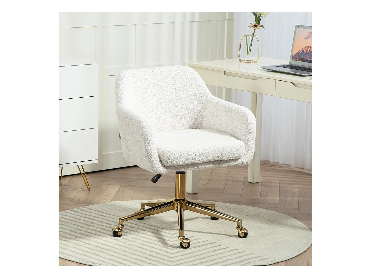 Chaise de bureau pivotante en tissu Teddy blanc, réglable en hauteur, cadre en métal doré