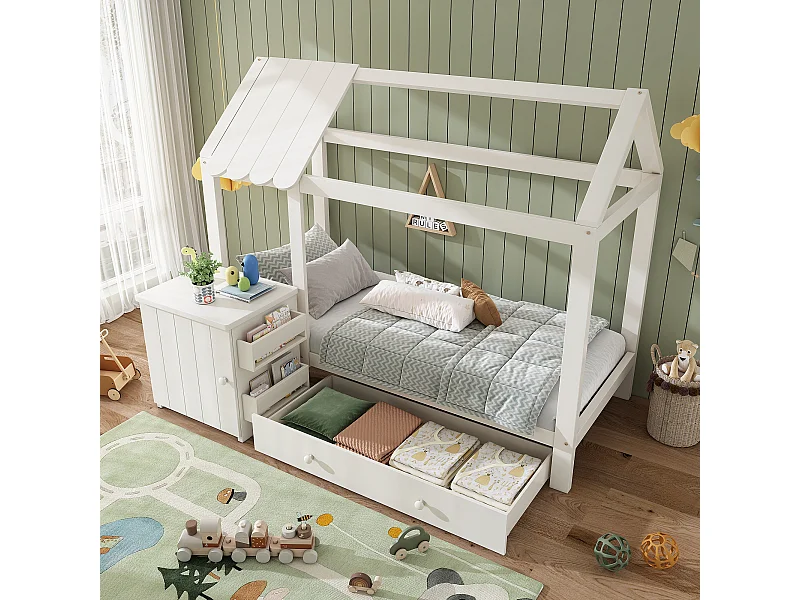 Lit cabane enfant 90x200cm avec tiroir et chevet, cadre en pin, sommier à lattes, sans matelas, Blanc
