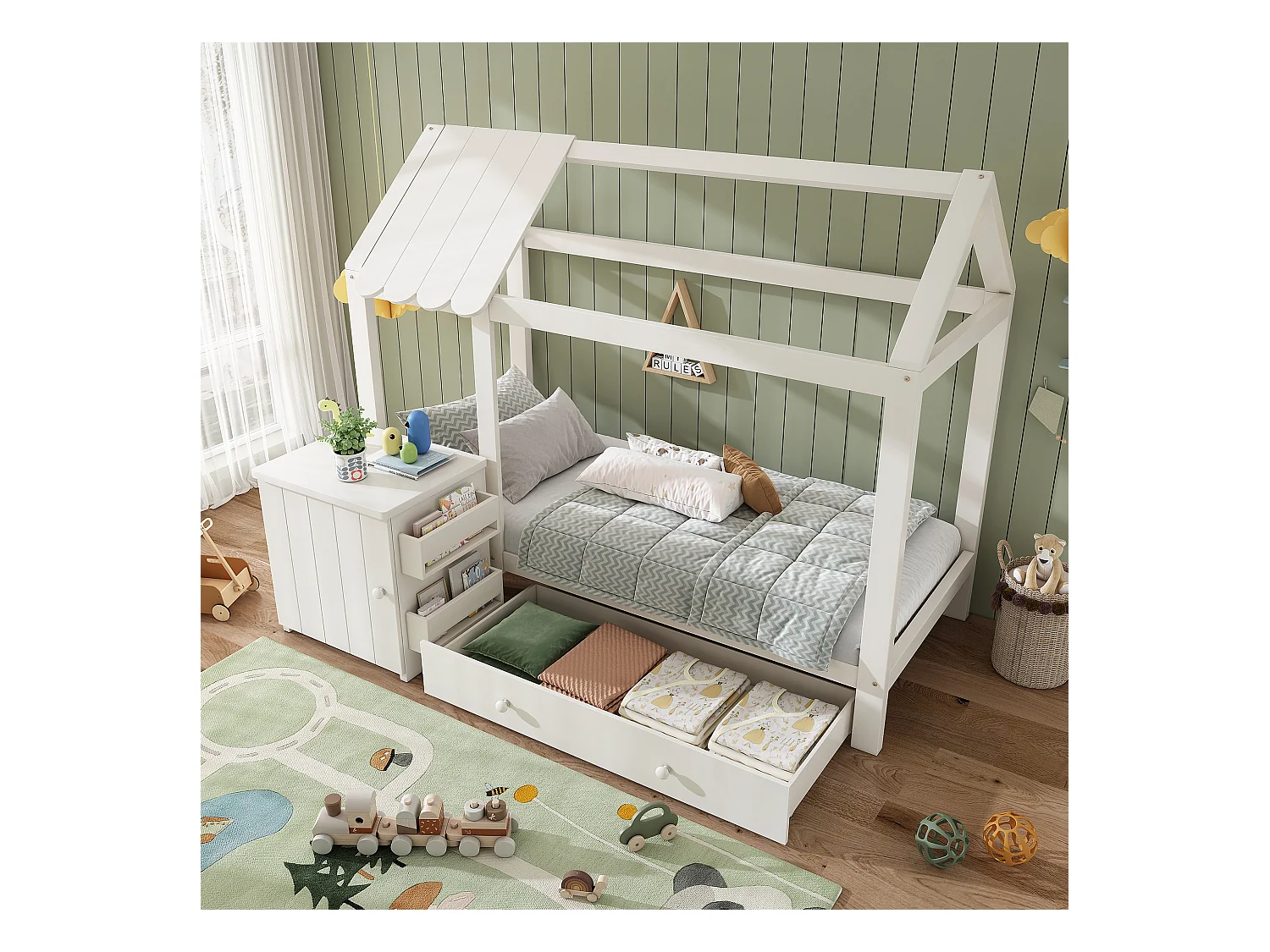 Lit cabane enfant 90x200cm avec tiroir et chevet, cadre en pin, sommier à lattes, sans matelas, Blanc