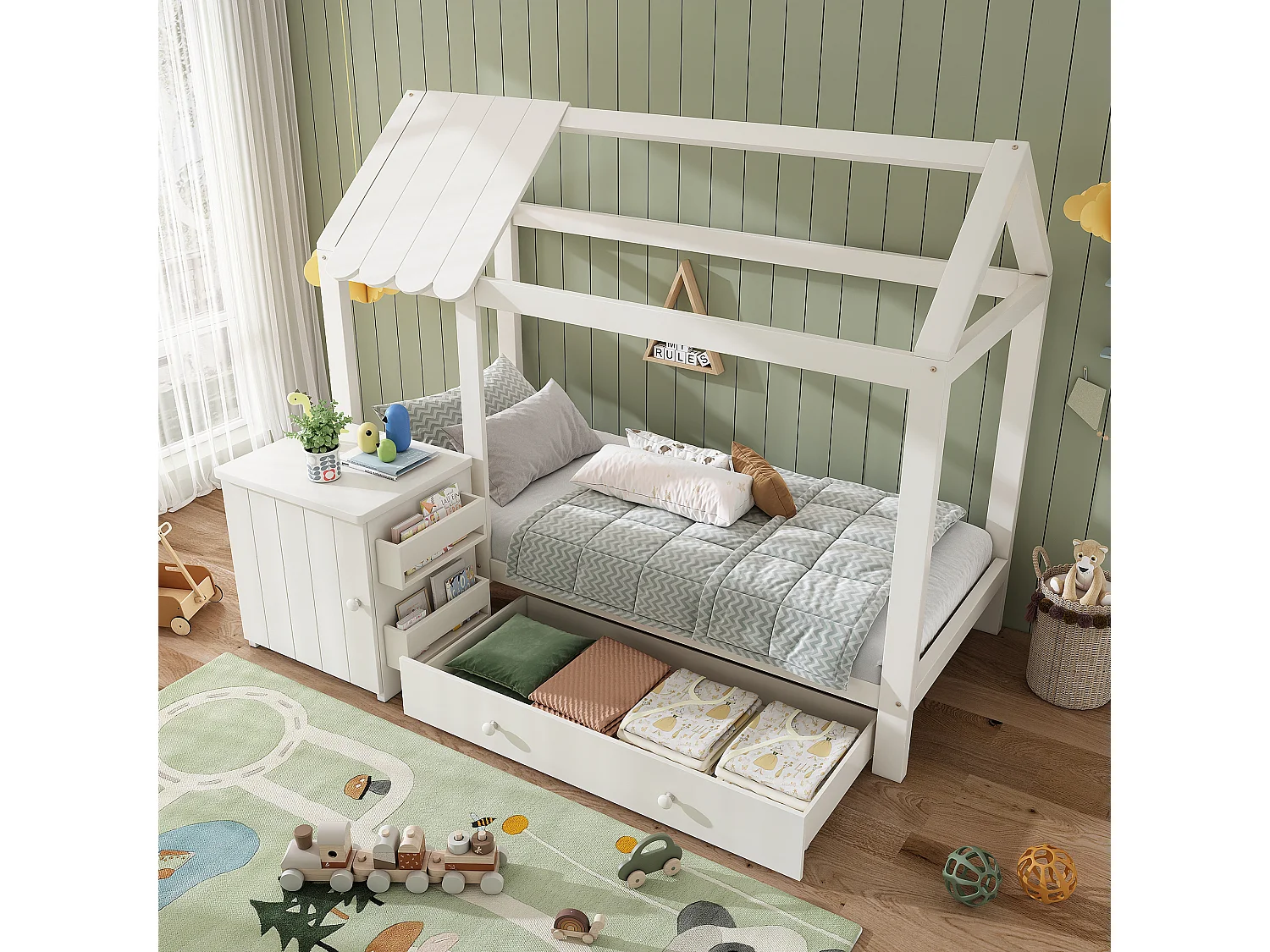 Lit cabane enfant 90x200cm avec tiroir et chevet, cadre en pin, sommier à lattes, sans matelas, Blanc