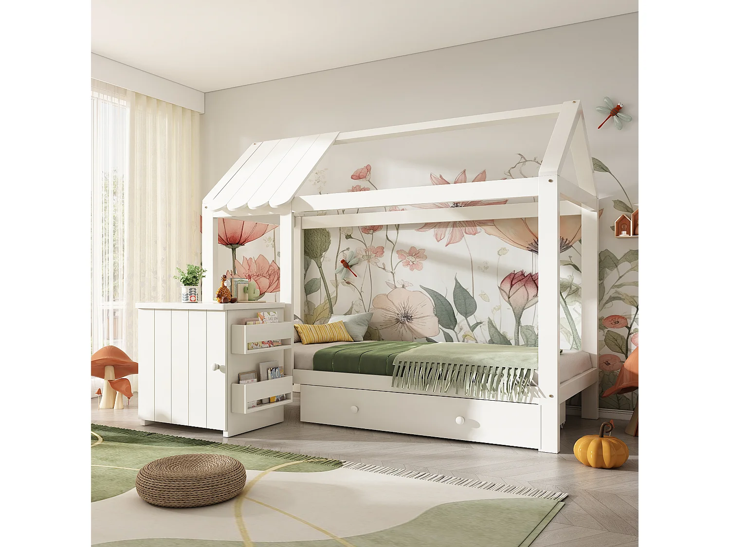 Lit cabane enfant 90x200cm avec tiroir et chevet, cadre en pin, sommier à lattes, sans matelas, Blanc