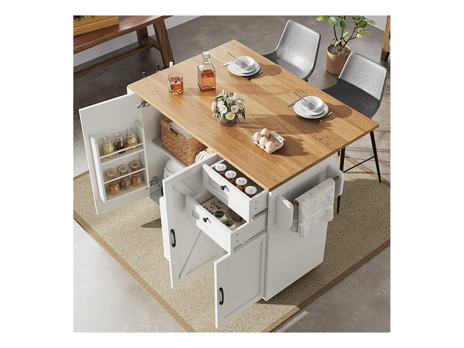 Desserte de cuisine à roulettes 120x71.2x92cm avec plateau extensible en placage bois, 3 portes et 2 tiroirs, blanc