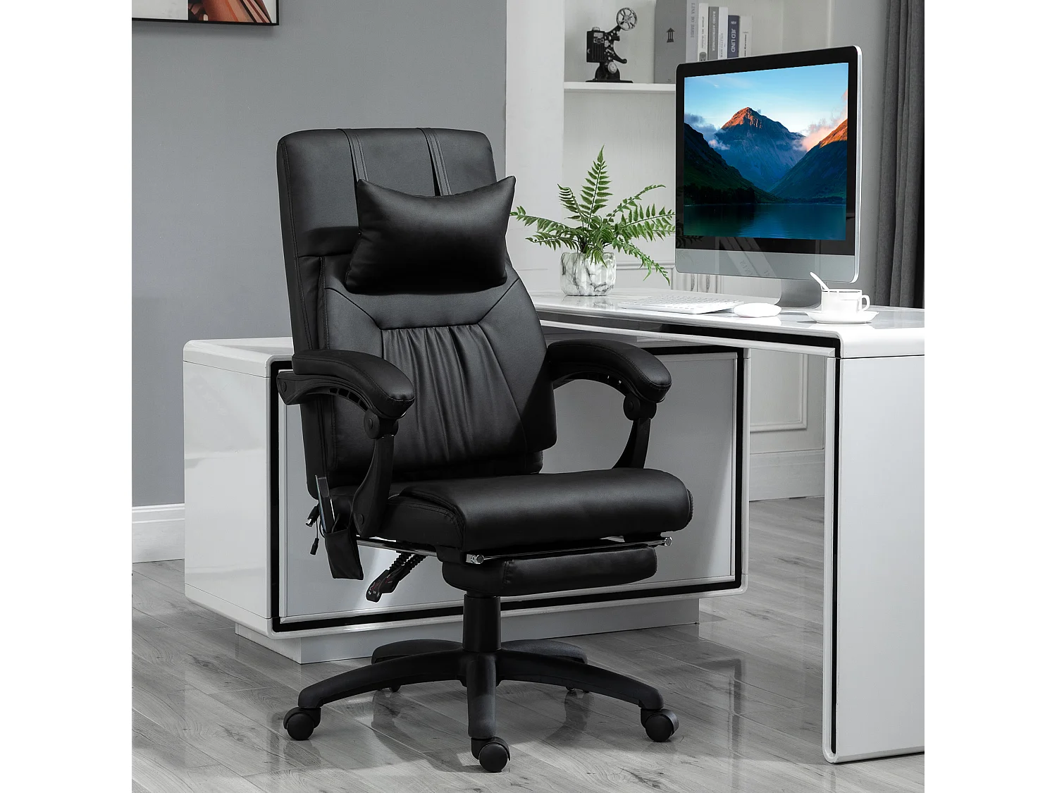 Fauteuil de Bureau Massant Noir - 7 Vibrations, Dossier Basculant et Repose-Pieds Ergonomique