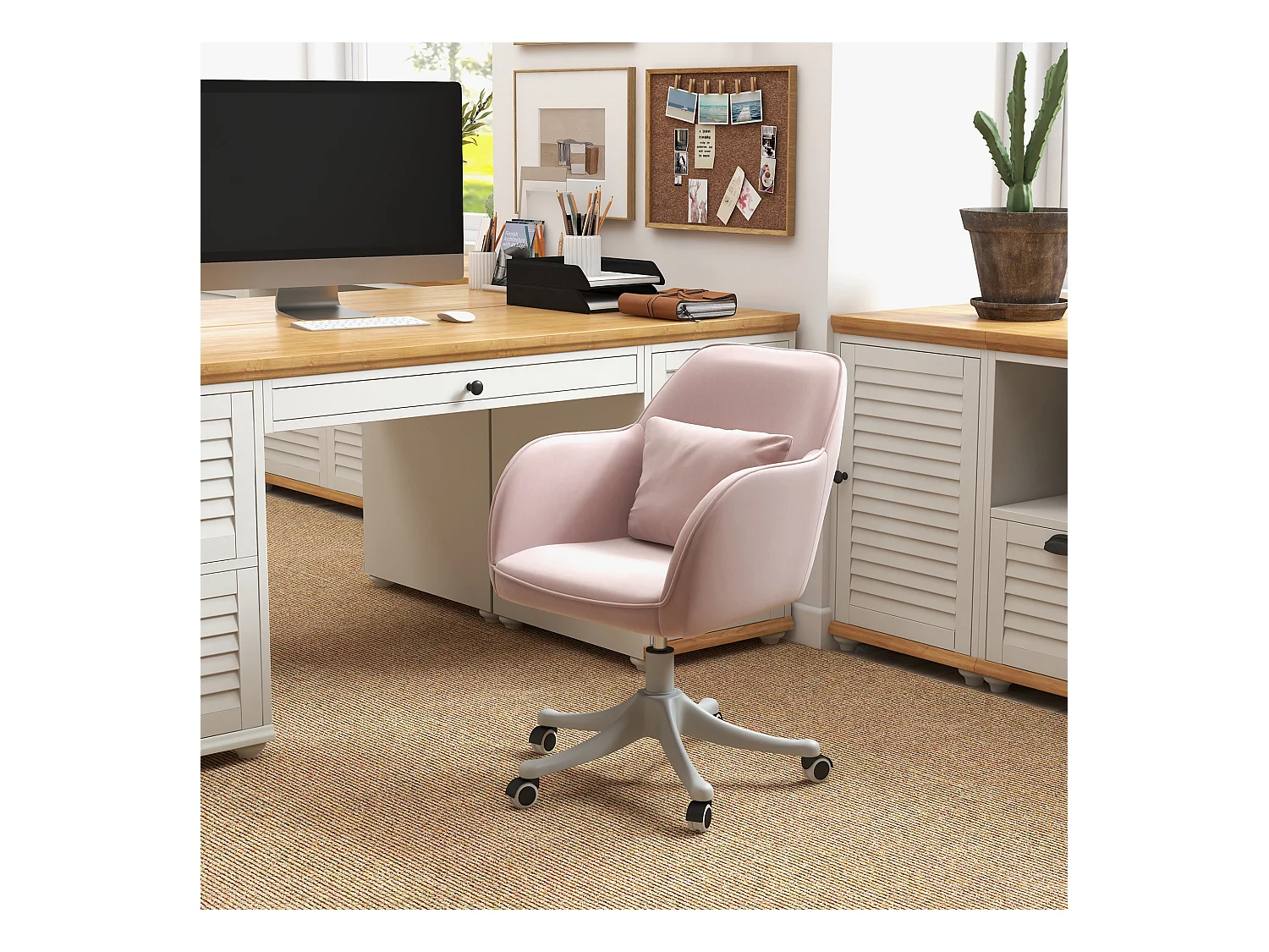 Chaise de Bureau Ergonomique en Velours rose avec Massage Lombaire USB et Réglage Hauteur