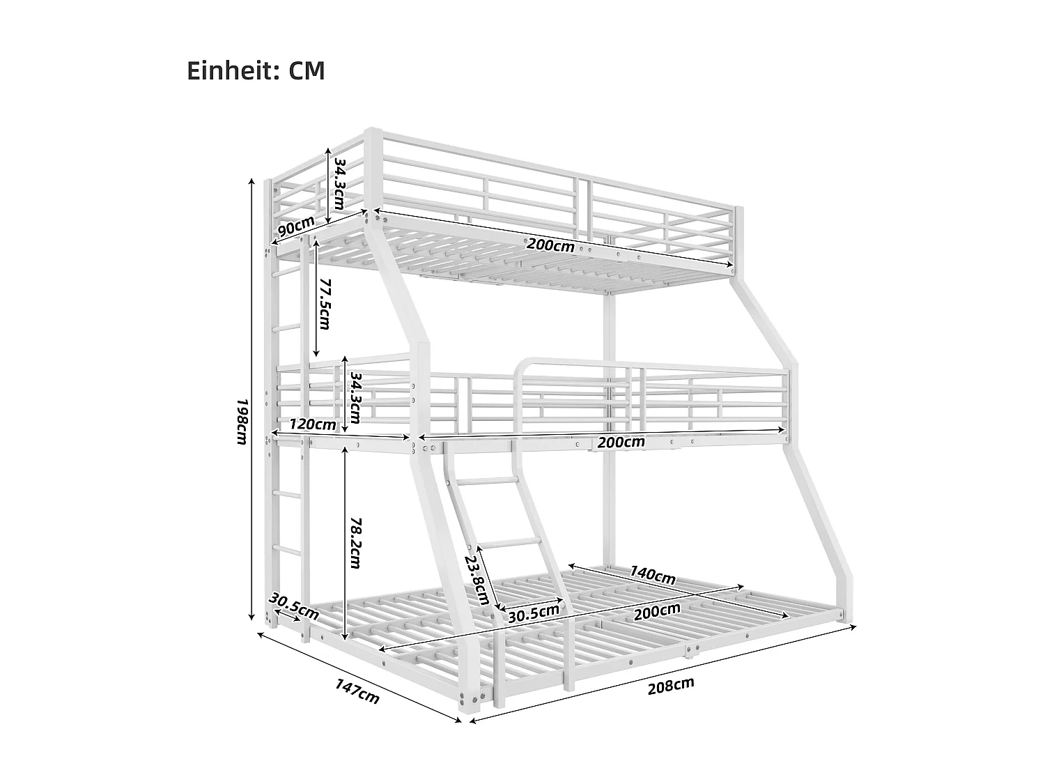 Lit superposé triple vertical enfant 90/120/140x200cm avec échelles et barrières de sécurité, cadre en métal blanc