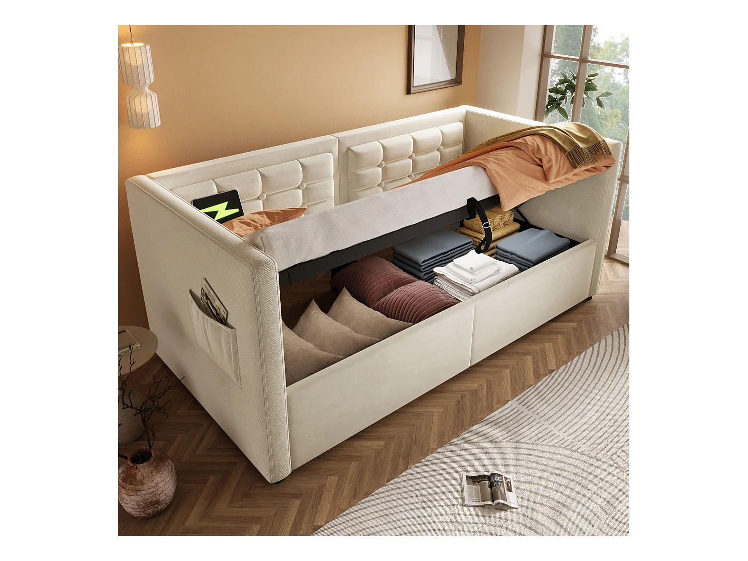 Opbergbed 90x200cm, kinderbed met USB type-C, beige fluwelen stof, lattenbodem, zonder matras