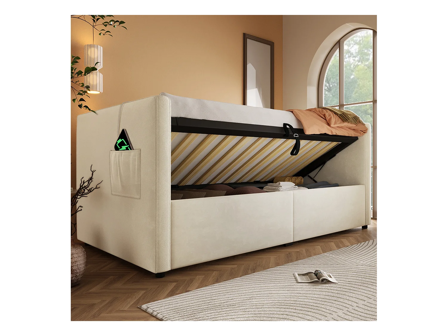 Opbergbed 90x200cm, kinderbed met USB type-C, beige fluwelen stof, lattenbodem, zonder matras
