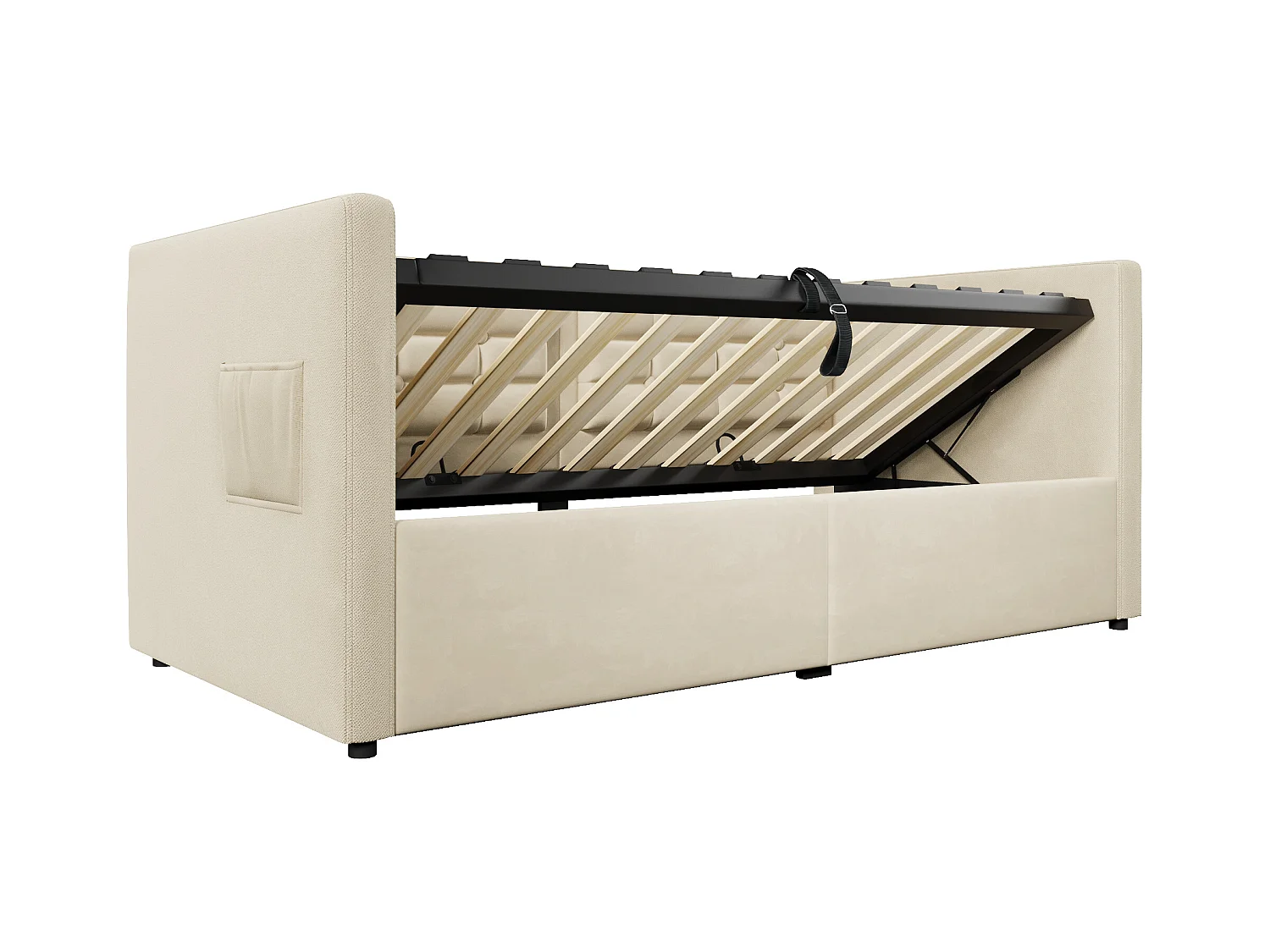 Opbergbed 90x200cm, kinderbed met USB type-C, beige fluwelen stof, lattenbodem, zonder matras