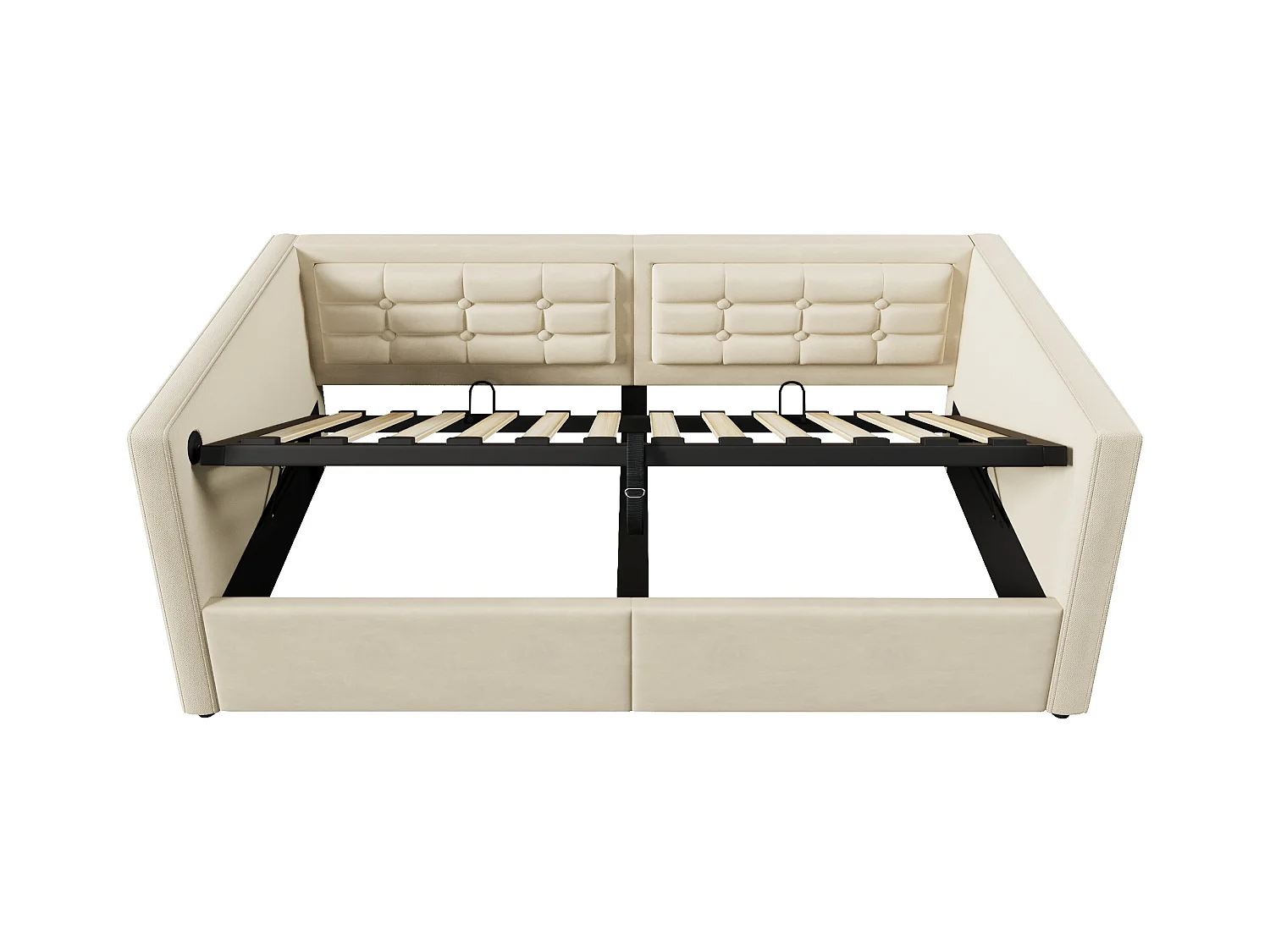 Lit coffre banquette 90x200cm, lit enfant avec USB type-C, tissu en velours beige, sommier à lattes, sans matelas