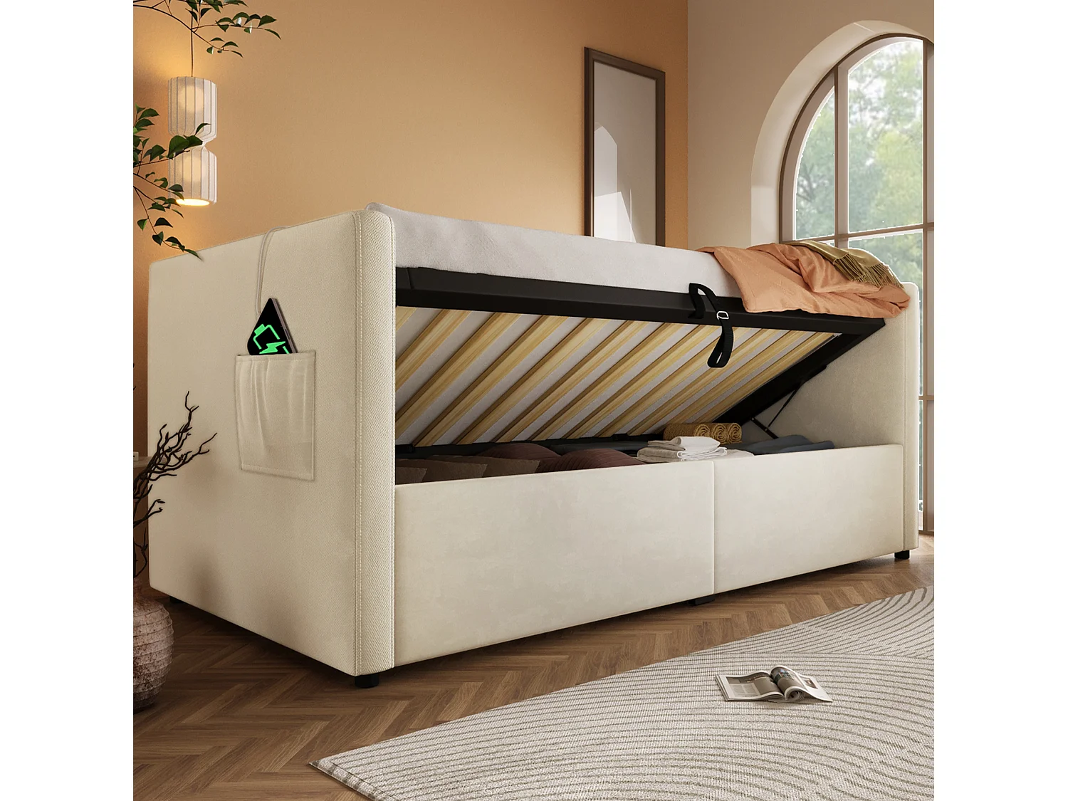 Lit coffre banquette 90x200cm, lit enfant avec USB type-C, tissu en velours beige, sommier à lattes, sans matelas