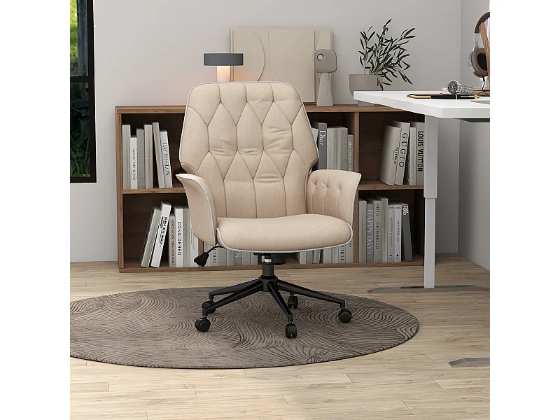 Fauteuil de bureau chiné pivotant à roulettes, réglable en hauteur, beige