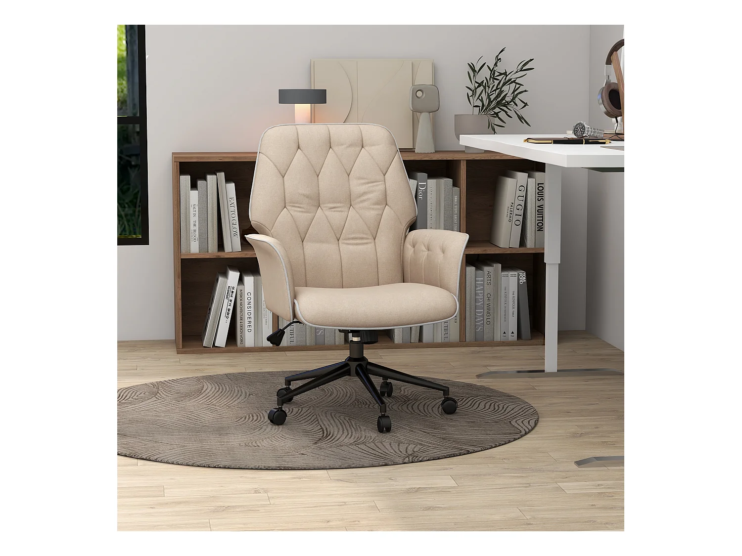 Fauteuil de bureau chiné pivotant à roulettes, réglable en hauteur, beige